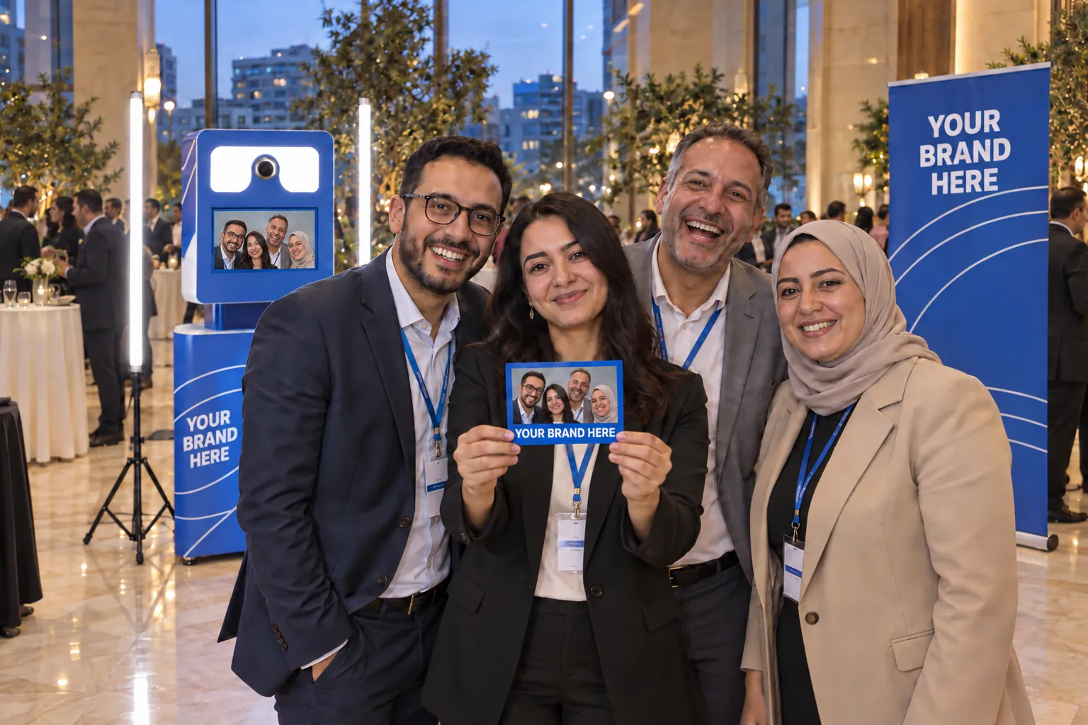 Four colleagues show their print beside a Selfie Box in your brand colours at a company reception