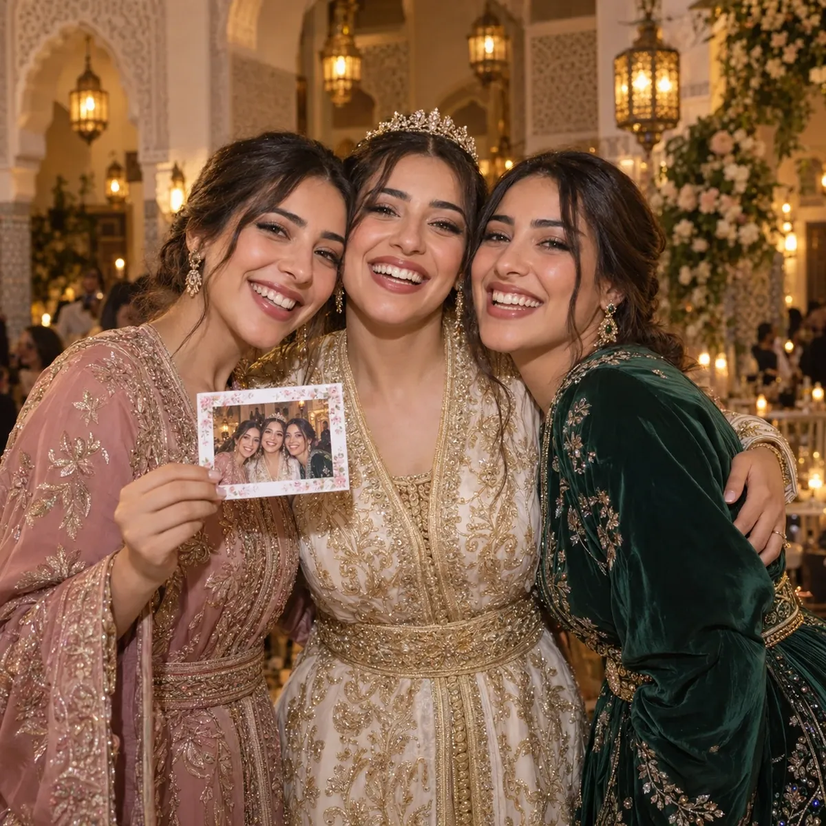 A bride and her sisters present their printed photo