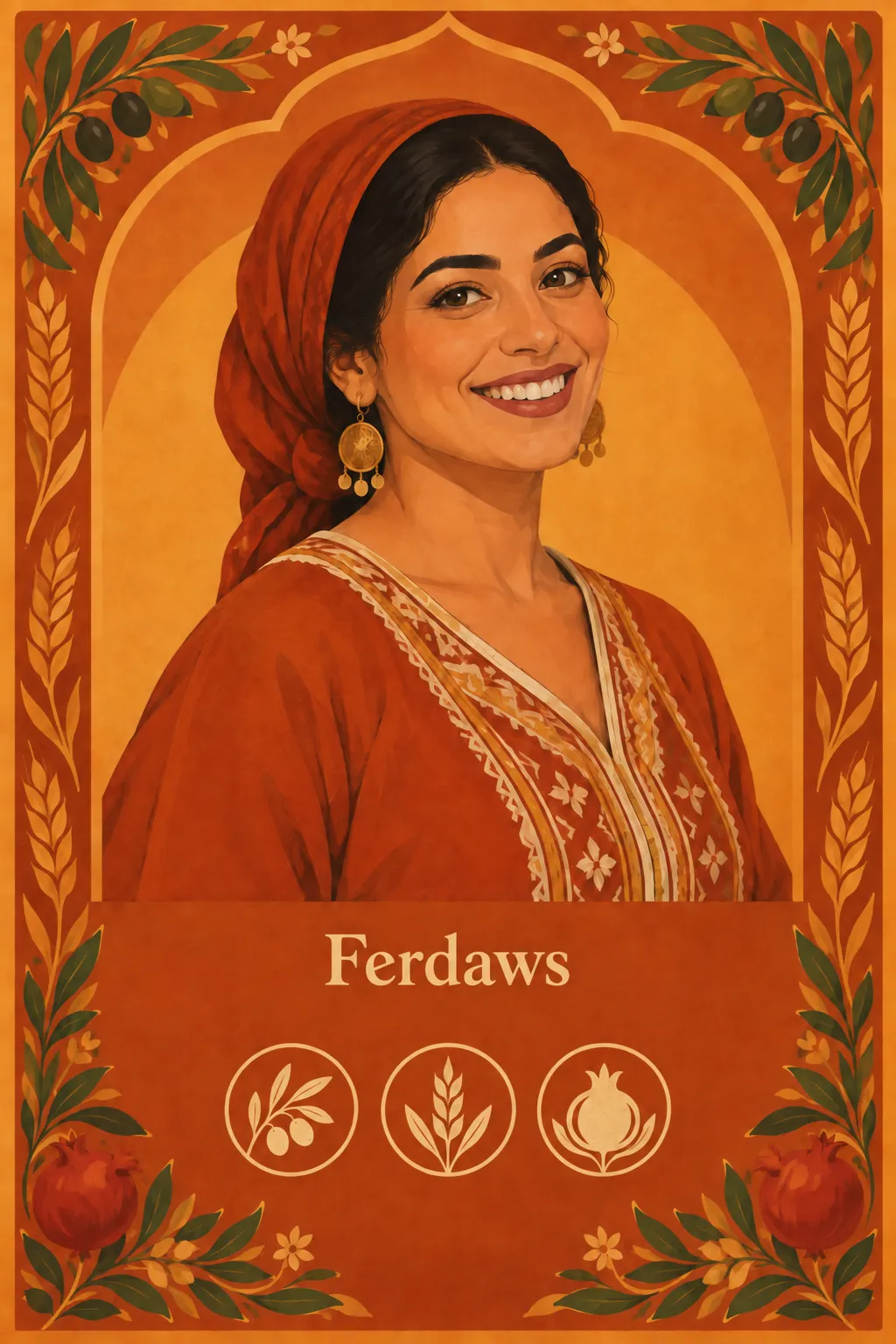 Carte persona Ferdaws : le portrait illustré d’une participante en foulard rouge, dans un cadre orné d’olivier et de grenades.