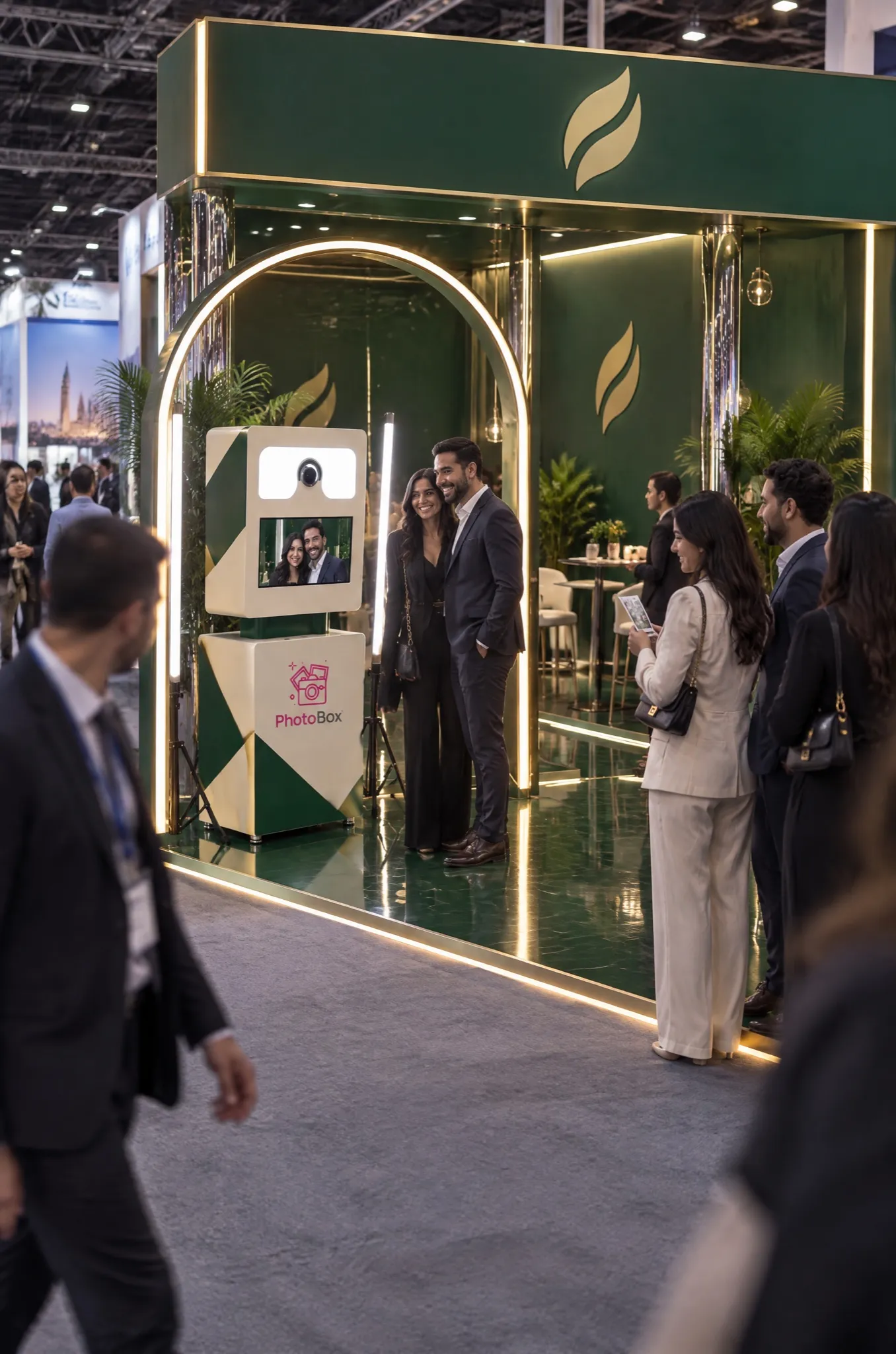 Vu depuis l’allée, un stand vert émeraude : une arche lumineuse dorée encadre la borne PhotoBox aux mêmes couleurs, deux visiteurs posent.