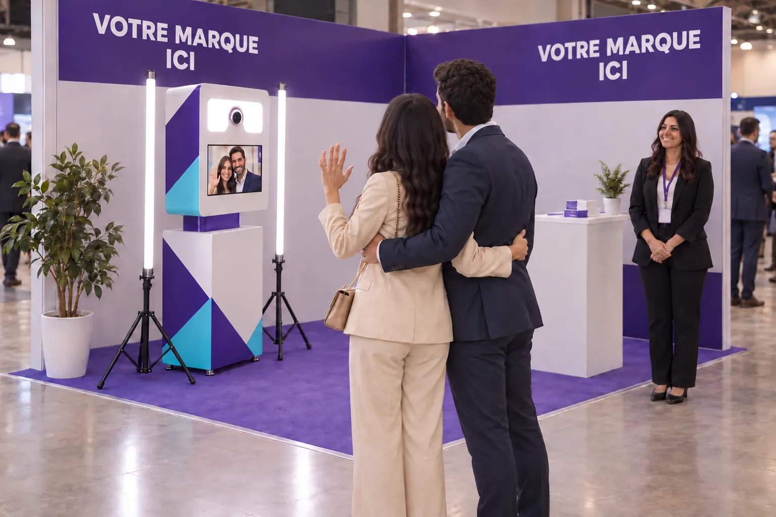 Sur un stand d’angle aux couleurs de votre marque, deux visiteurs posent face à une Selfie Box, leurs visages à l’écran