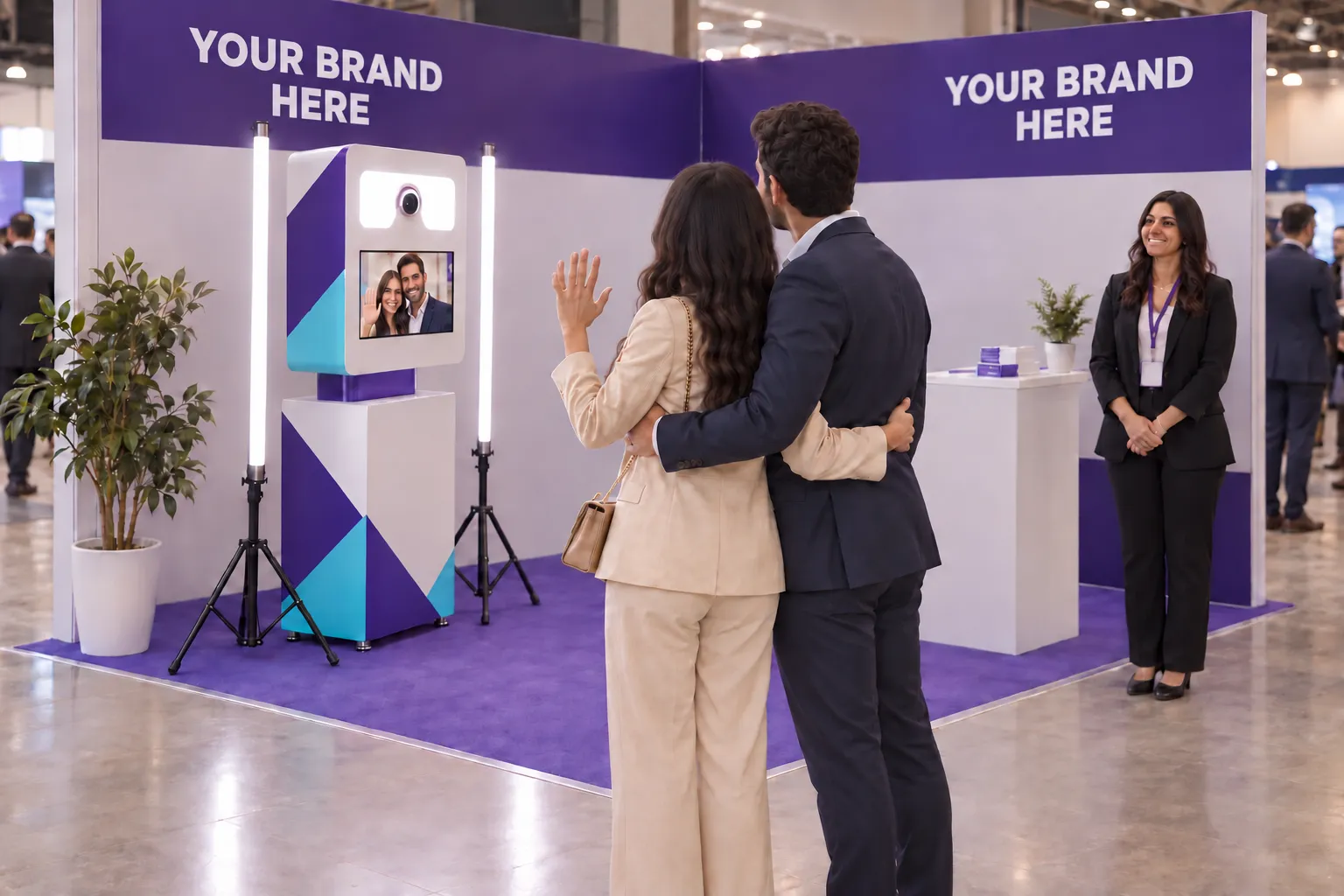 At a corner stand in your brand colours, two visitors face a Selfie Box, their faces on its screen