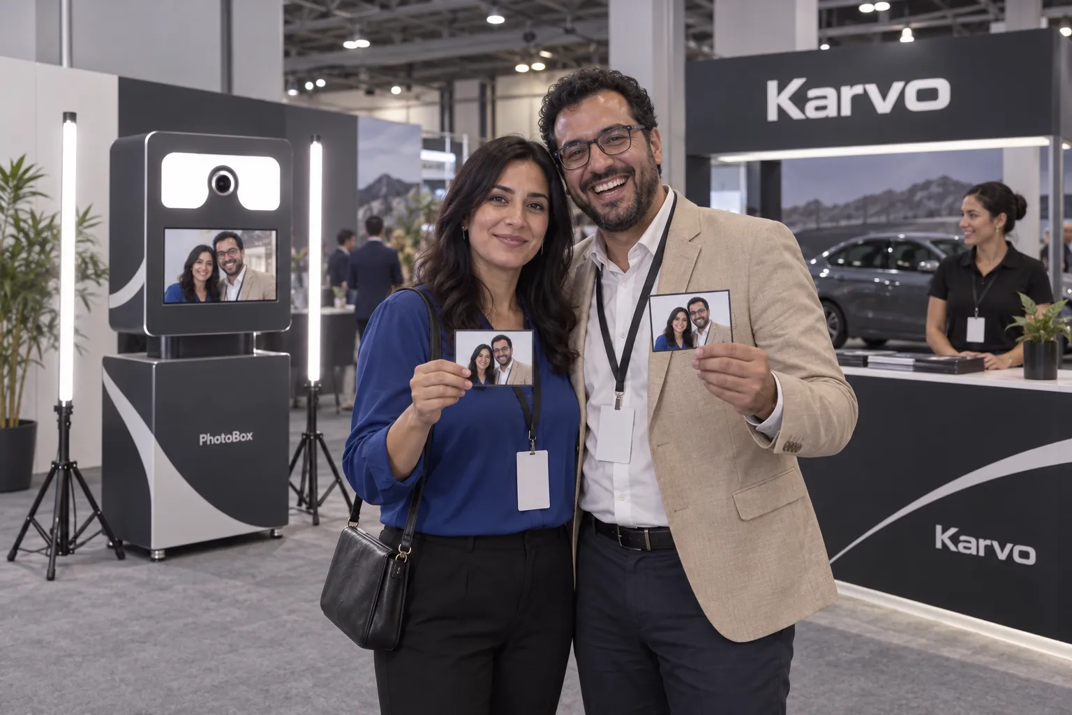 Un couple présente ses tirages au comptoir du stand Karvo, la borne entière derrière lui