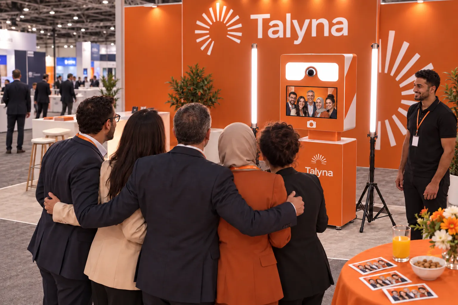 L’équipe du stand Talyna pose face à la borne en fin de journée, les tirages posés sur la table