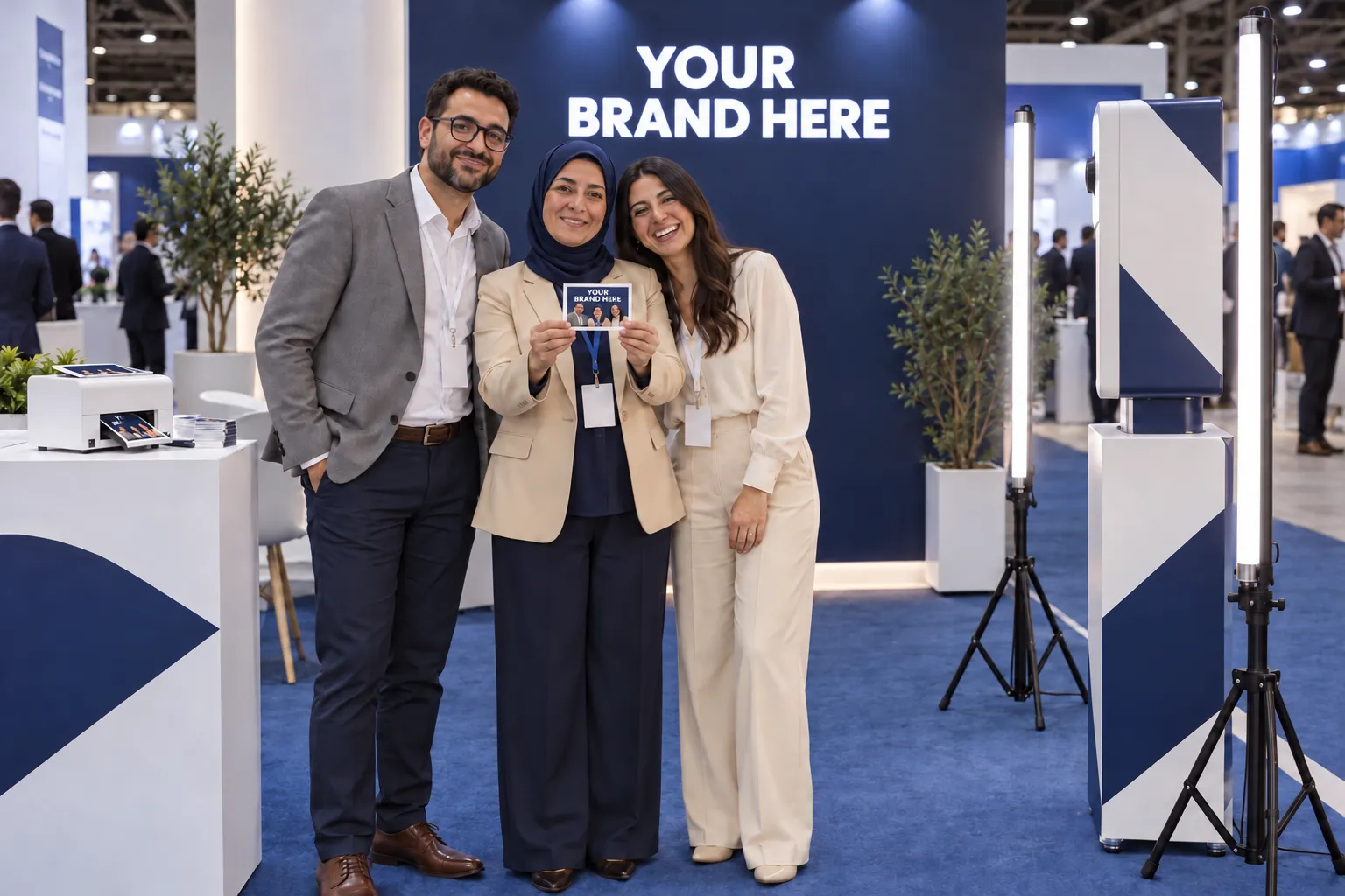 Three colleagues show their print beside a backlit wall in your brand colours, the booth facing the wall