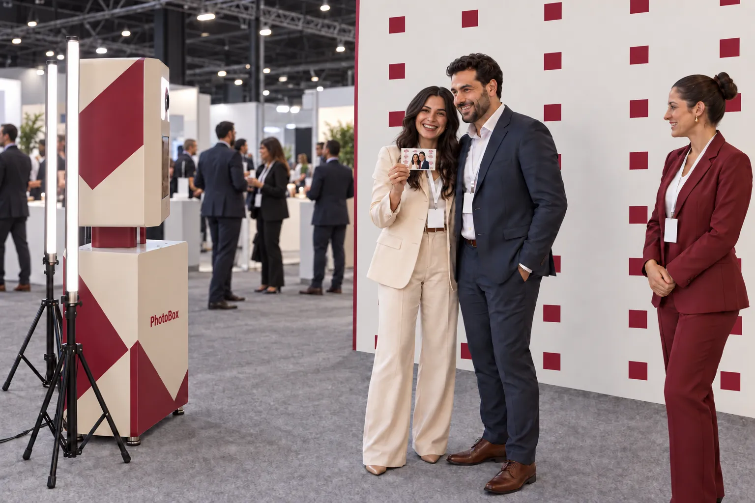 Two visitors show their print beside a step-and-repeat wall in your brand colours, the booth facing the wall