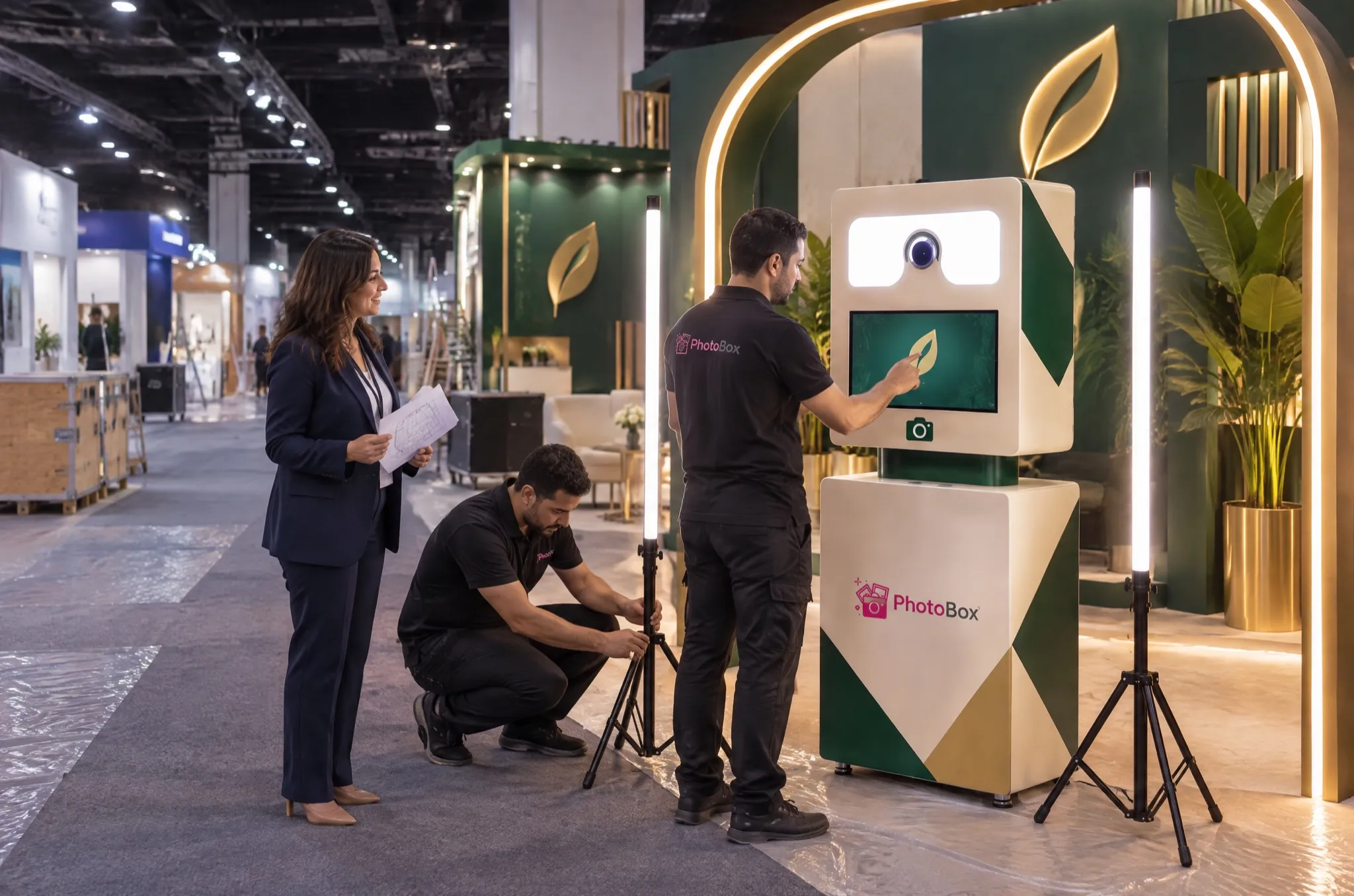 Deux techniciens règlent une borne photo et son éclairage sur un stand, avant l’ouverture.
