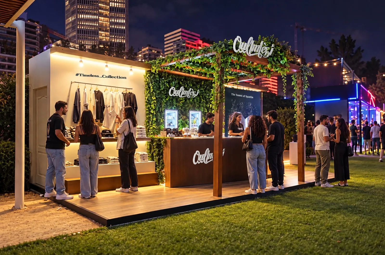 Le stand Oulmès de nuit à Jazzablanca, néons et pergola végétale, visiteurs devant le comptoir