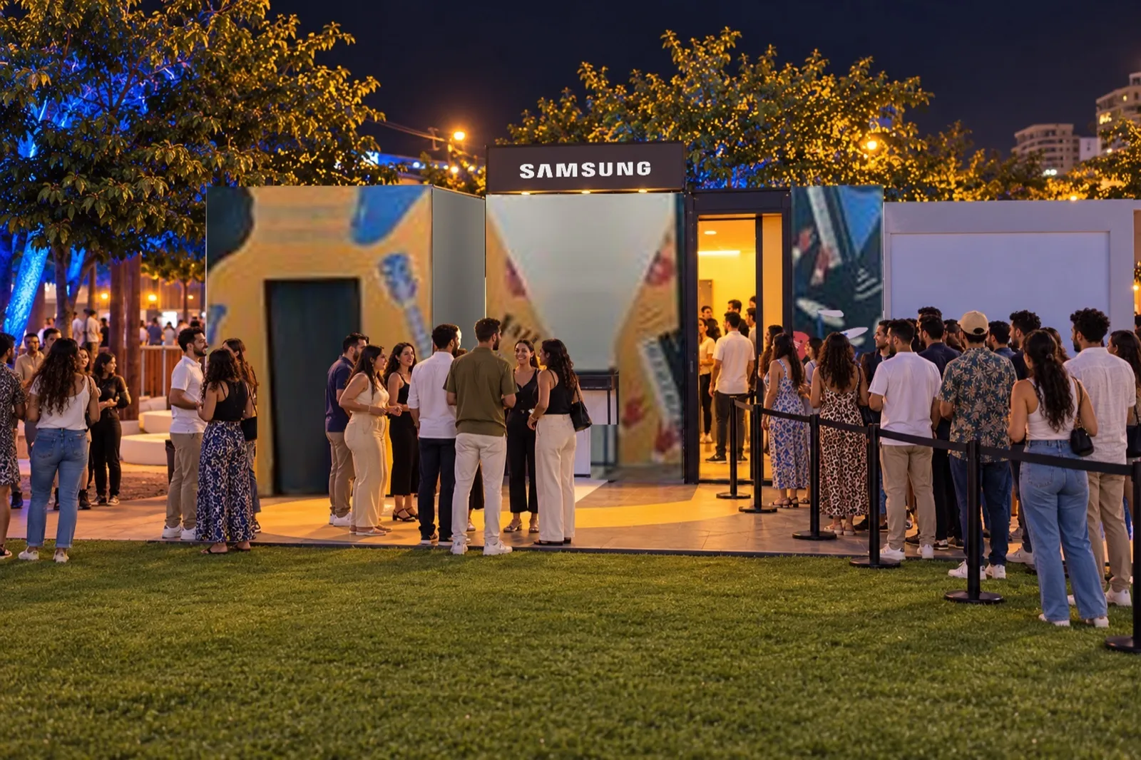 Le stand Samsung de nuit au festival Jazzablanca, festivaliers autour