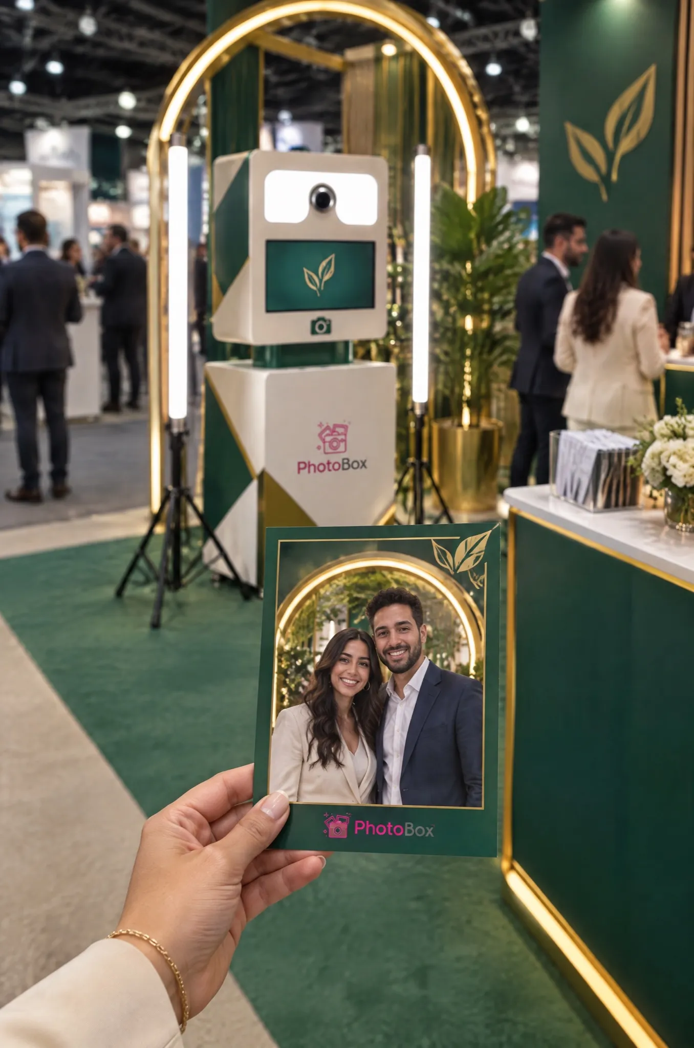 A guest holds a freshly printed photo in an exhibitor’s green and gold frame, in front of the lit photo booth