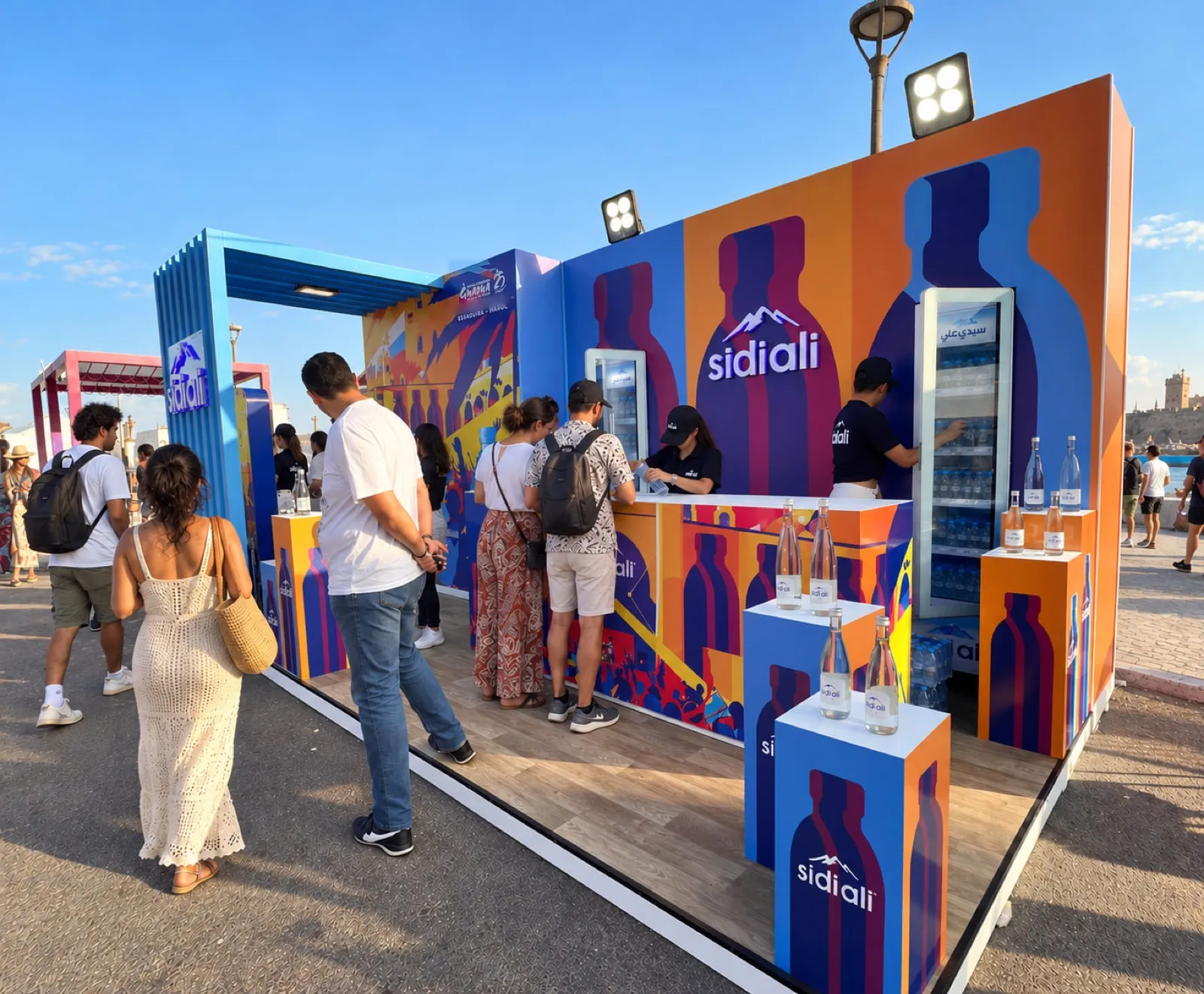 Le stand Sidi Ali en plein jour : des festivaliers au comptoir, les bouteilles et la fresque orange et bleue