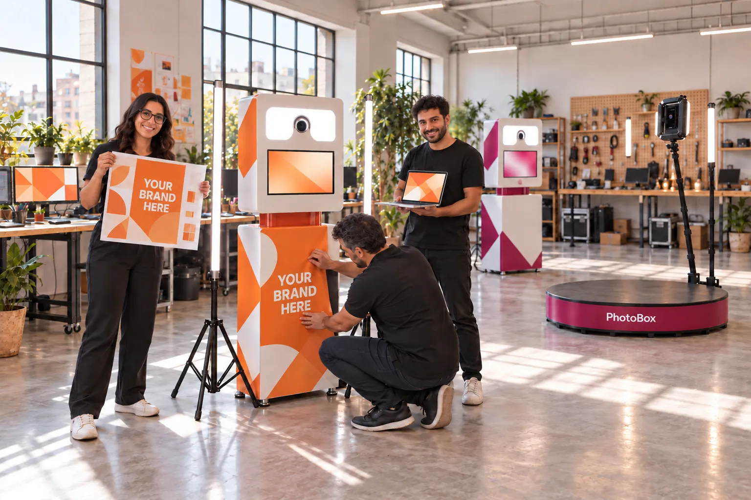 In the studio, a designer, a technician and a developer prepare a Selfie Box in your brand colours