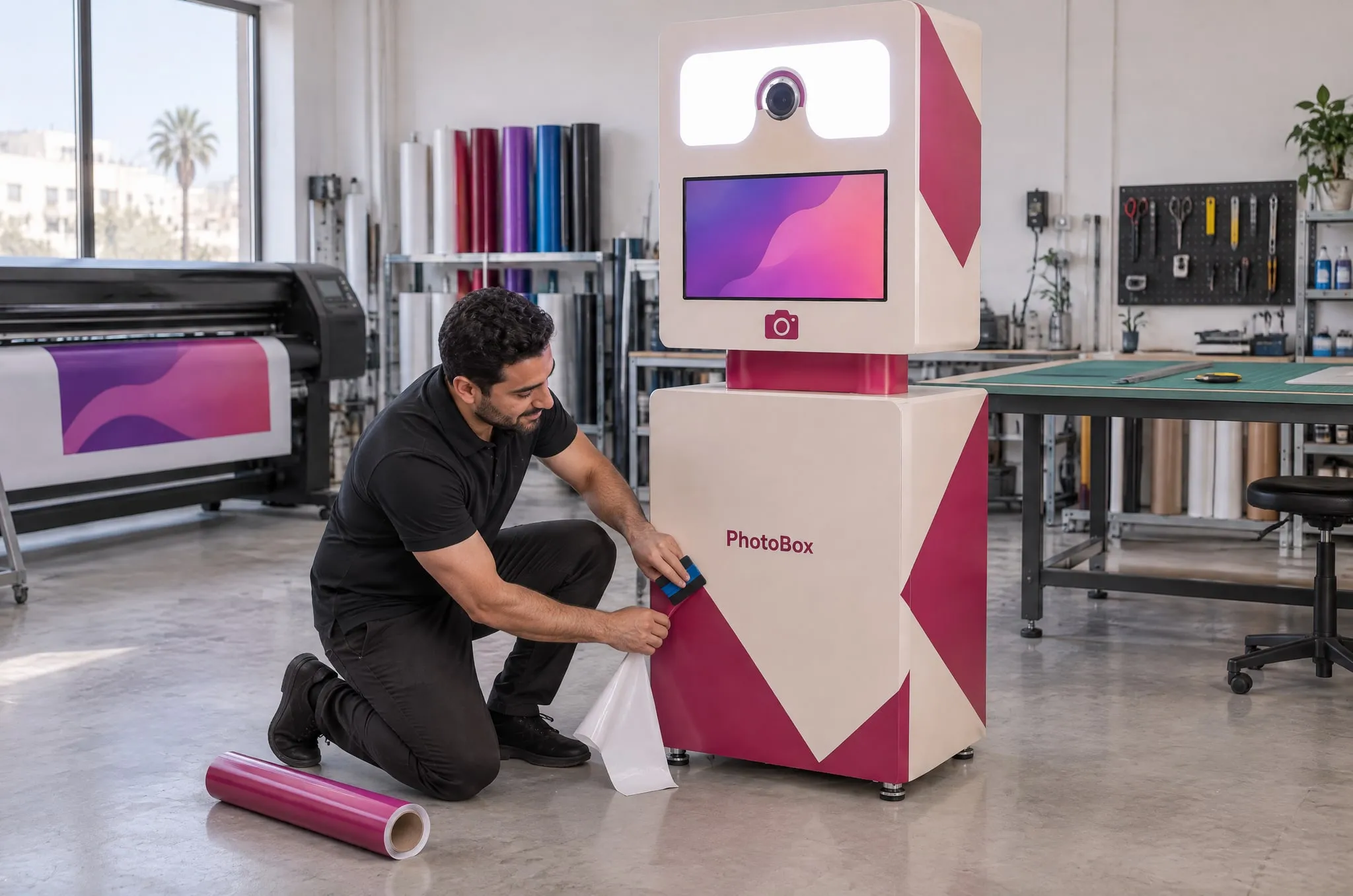 À l’atelier PhotoBox, un technicien pose à la raclette le dernier triangle magenta de l’habillage sur le socle d’une Selfie Box.
