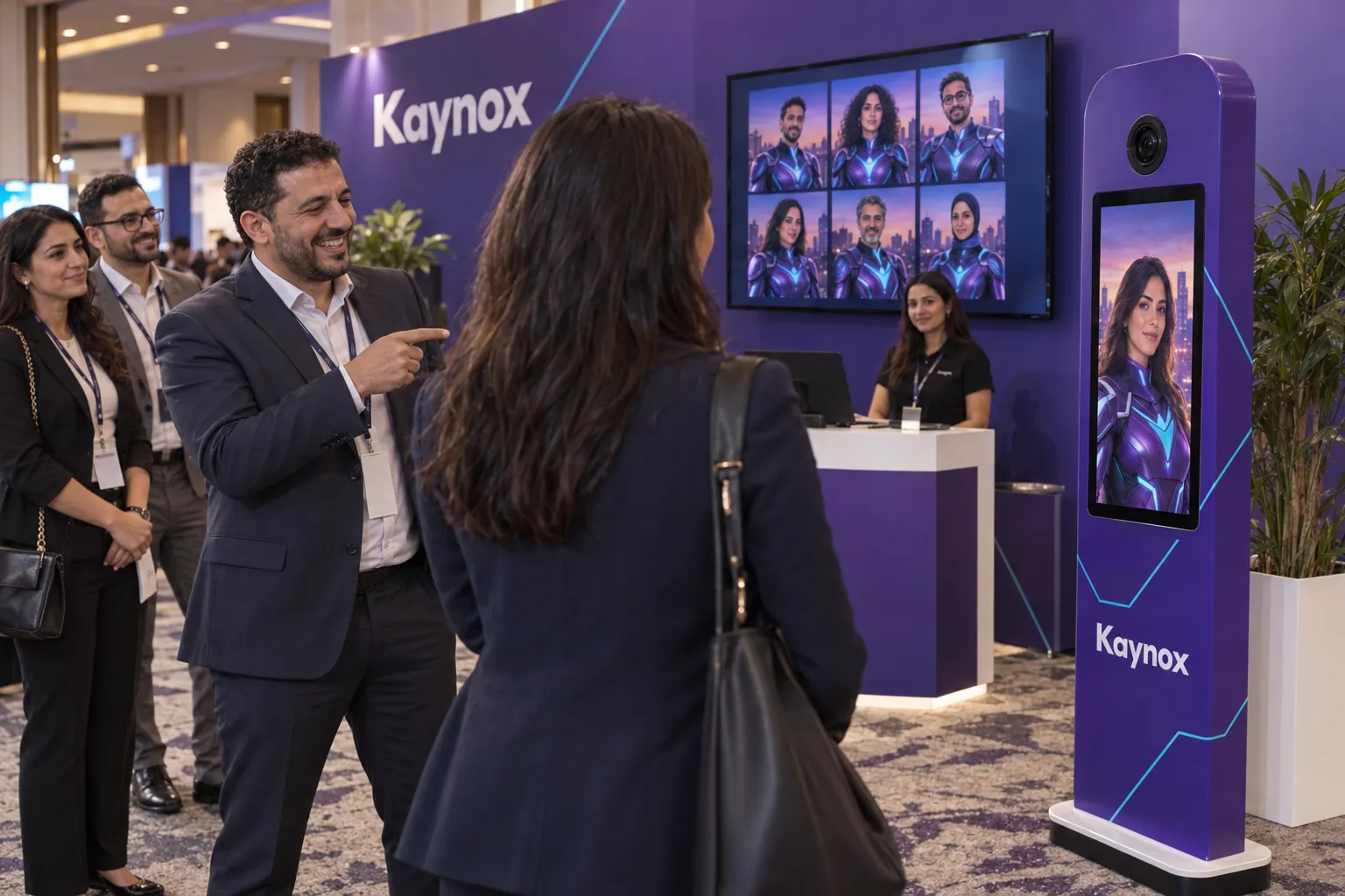 A guest discovers her superhero portrait on a purple booth while her colleague smiles beside her