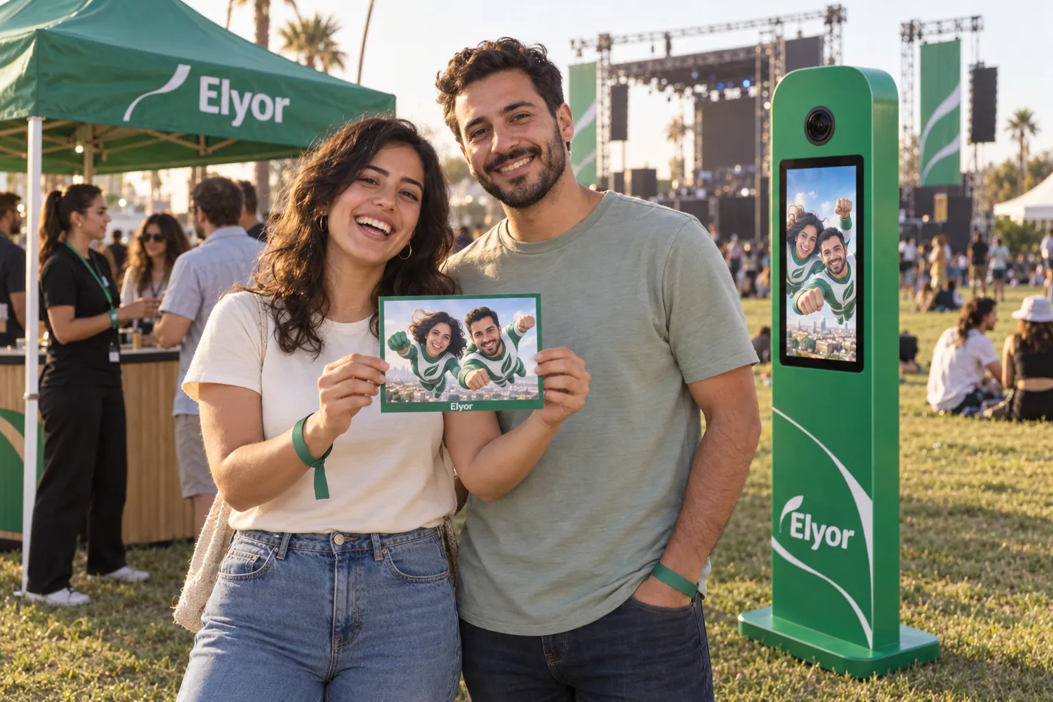 Dans un festival en plein air, deux amis présentent leur tirage en duo de super-héros devant une borne habillée en vert.