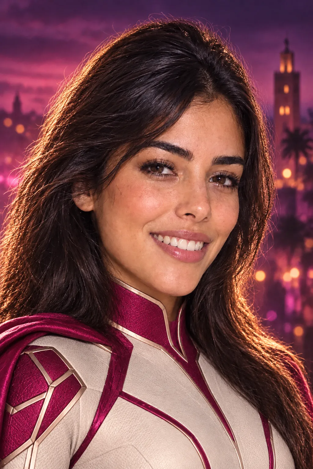 The woman wears an original cream and pink superhero costume