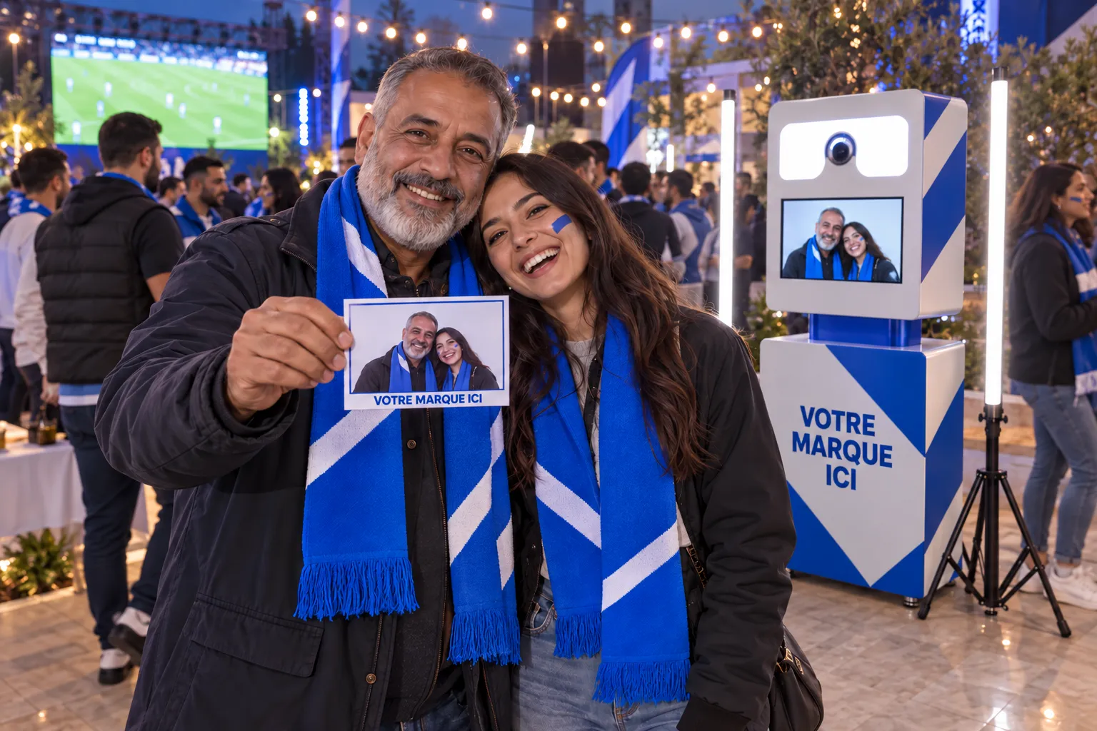 Un père et sa fille adulte présentent leur portrait de supporters, avec des écharpes et une Selfie Box aux couleurs de votre marque