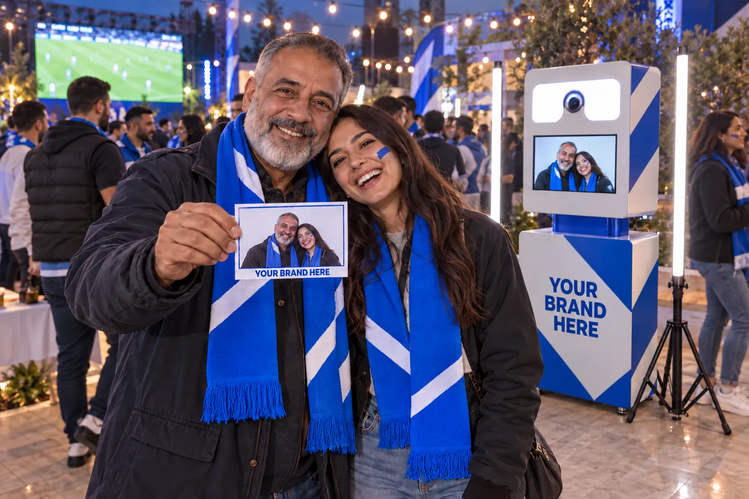 A father and his adult daughter show their supporter portrait, with scarves and a Selfie Box in your brand colours