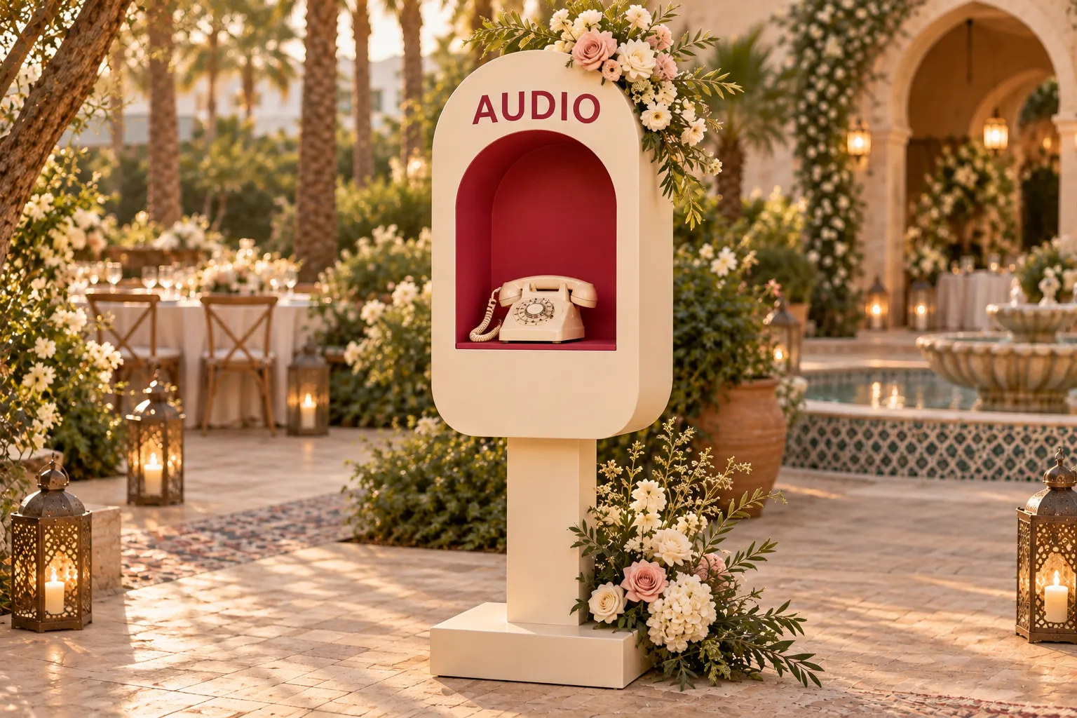 Espace livre d’or audio sur pied, avec une niche framboise, un téléphone vintage ivoire, une signalétique AUDIO et une décoration florale.