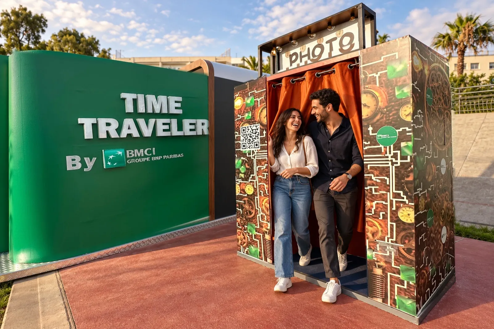 Un couple sort en riant de la cabine photo Time Traveler by BMCI à rideau orange, au Nostalgia Lovers Festival