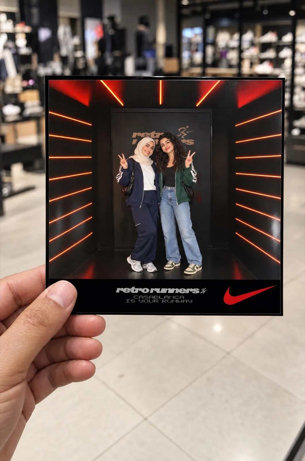 Une main tient un tirage Retro Runners : deux amies dans le tunnel de néons rouges, slogan « Casablanca is your runway » et virgule Nike