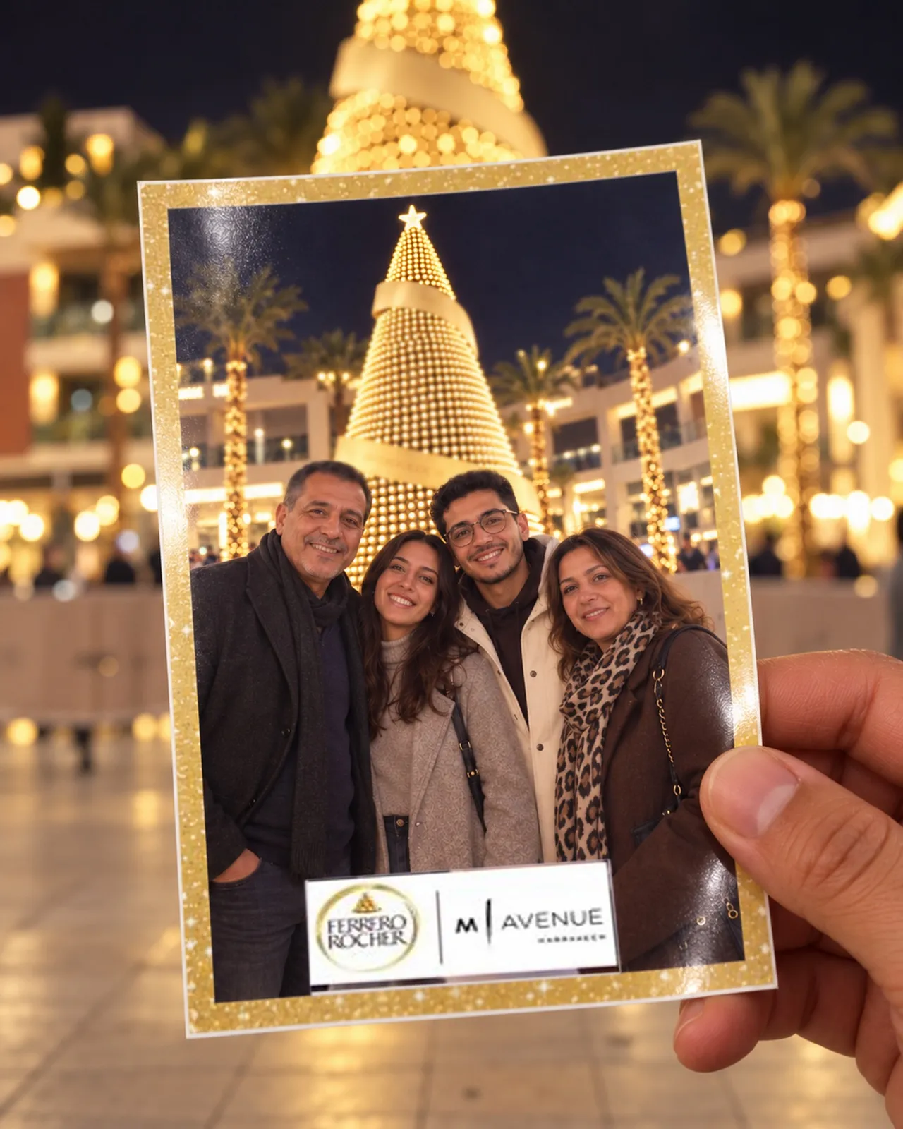 Une main tient un tirage photo au cadre doré Ferrero Rocher : une famille souriante devant le sapin