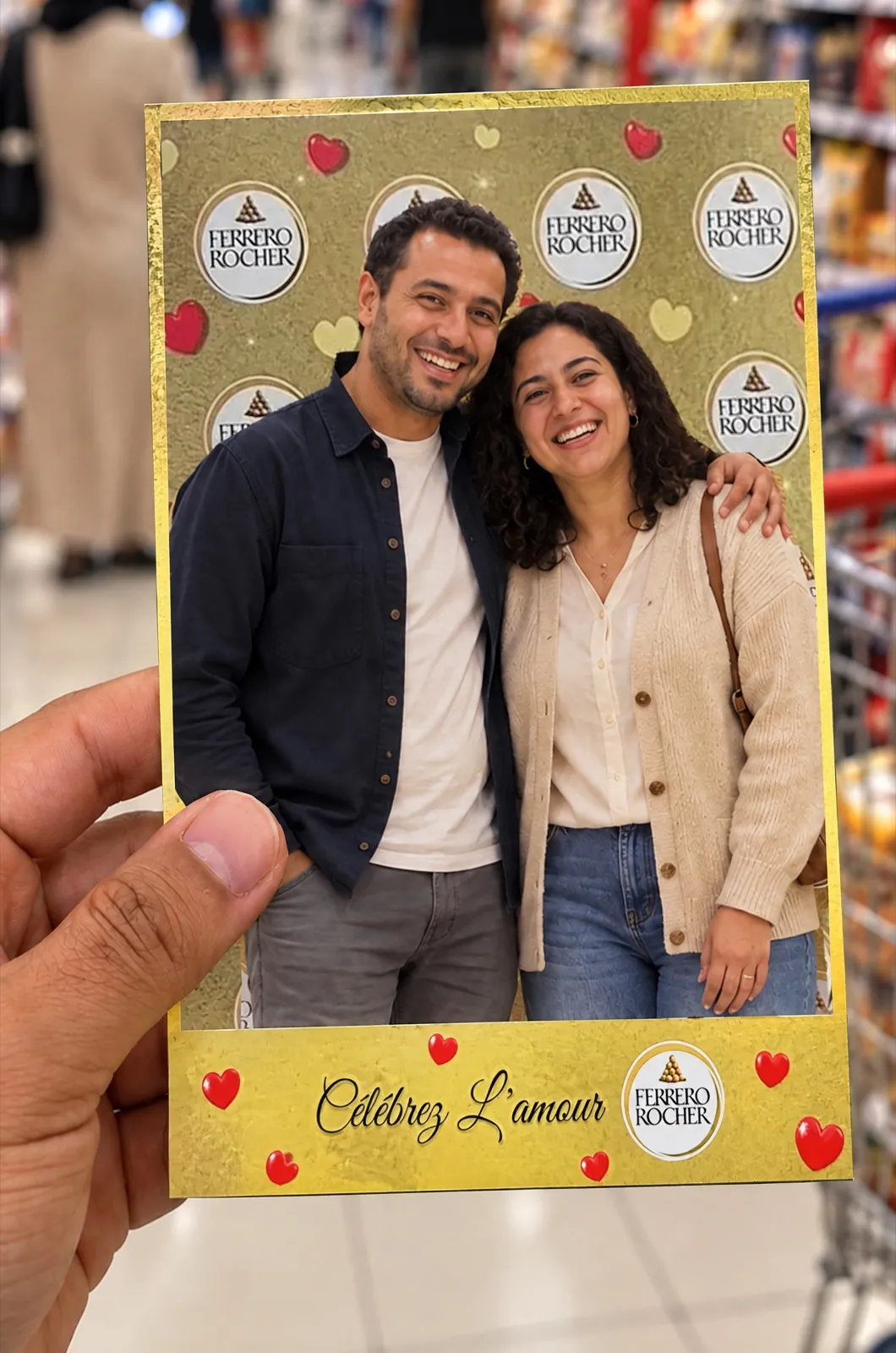 Une main tient un tirage photo doré « Célébrez l’amour » aux cœurs rouges et au logo Ferrero Rocher