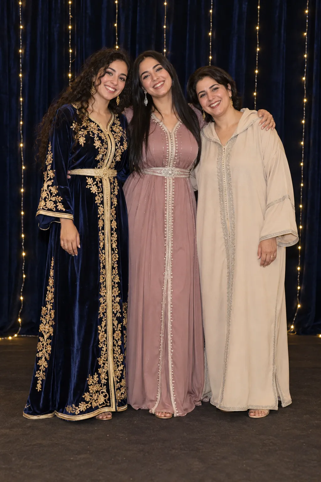 Trois sœurs en caftan, photographiées en pied devant un rideau de velours bleu nuit