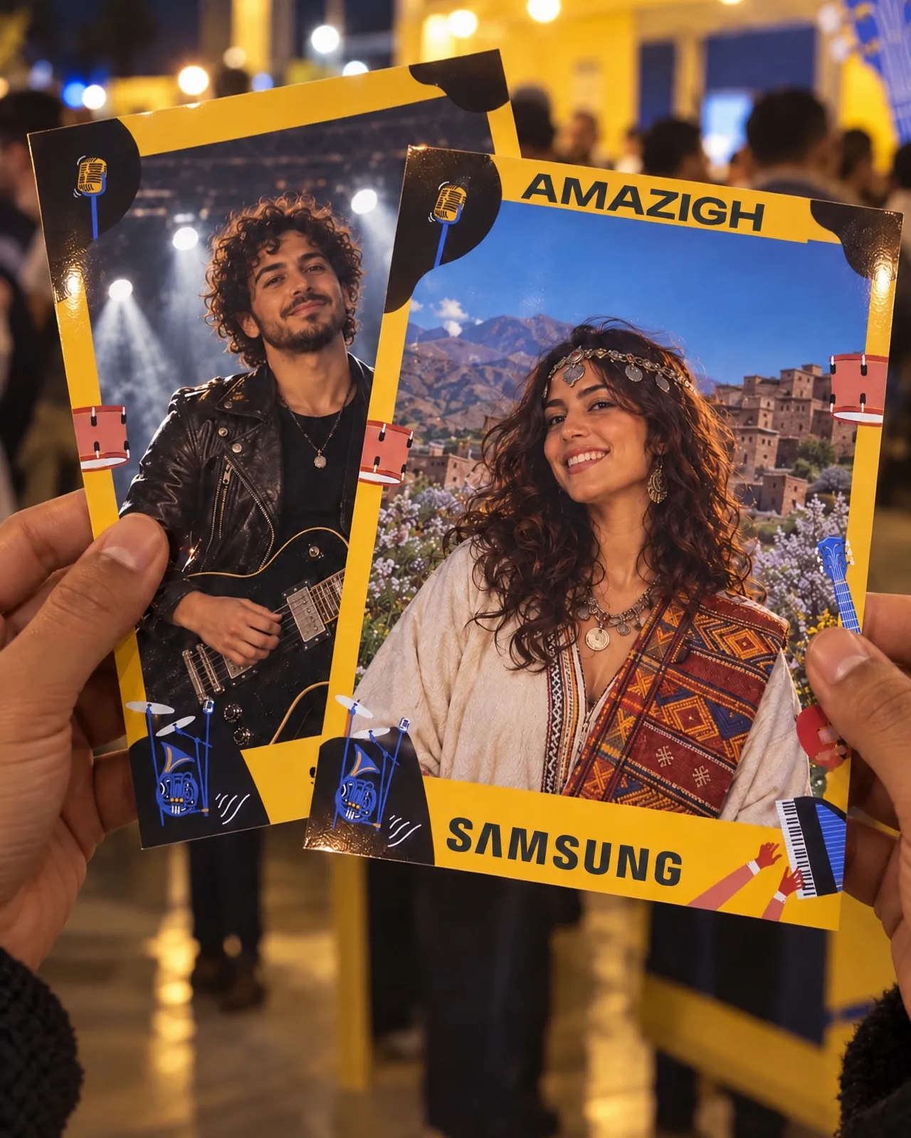 Des tirages Samsung aux portraits transformés en pochettes musicales, tenus en main