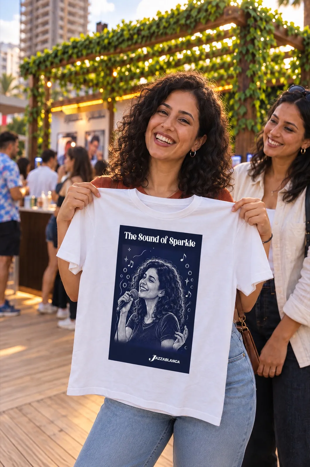 Une festivalière montre en riant son t-shirt imprimé avec son portrait d’artiste The Sound of Sparkle