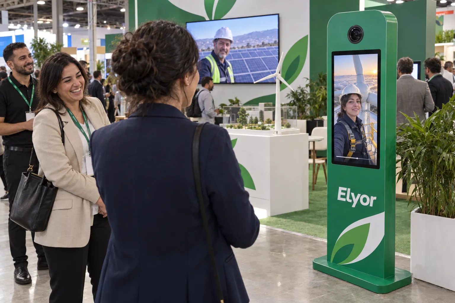Sur un salon de l’énergie, une visiteuse découvre son clip au sommet d’une éolienne sur la borne verte Elyor ; un autre clip est diffusé sur le stand