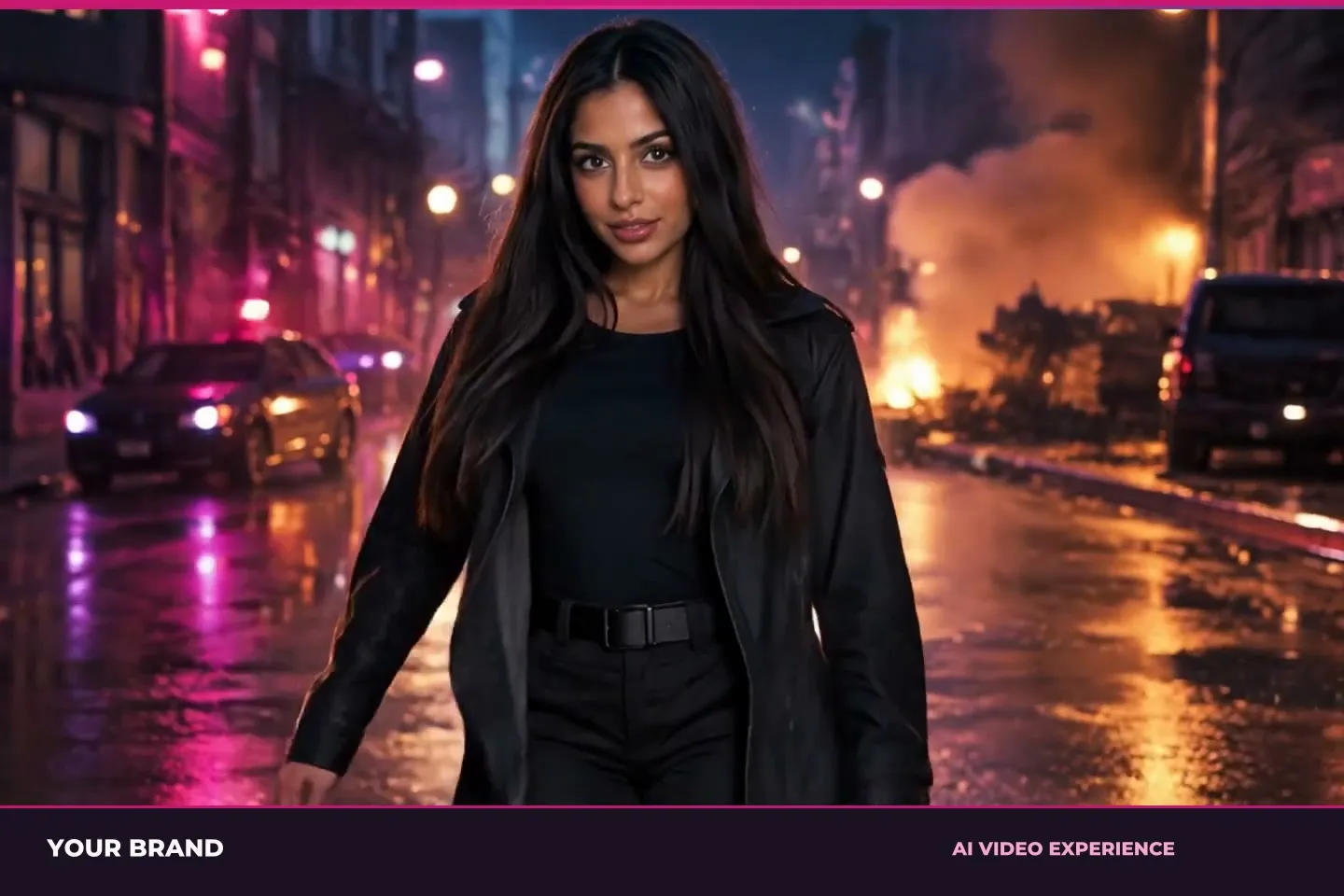 A woman in a black coat walks through a night-time street, in a frame with a title band in English