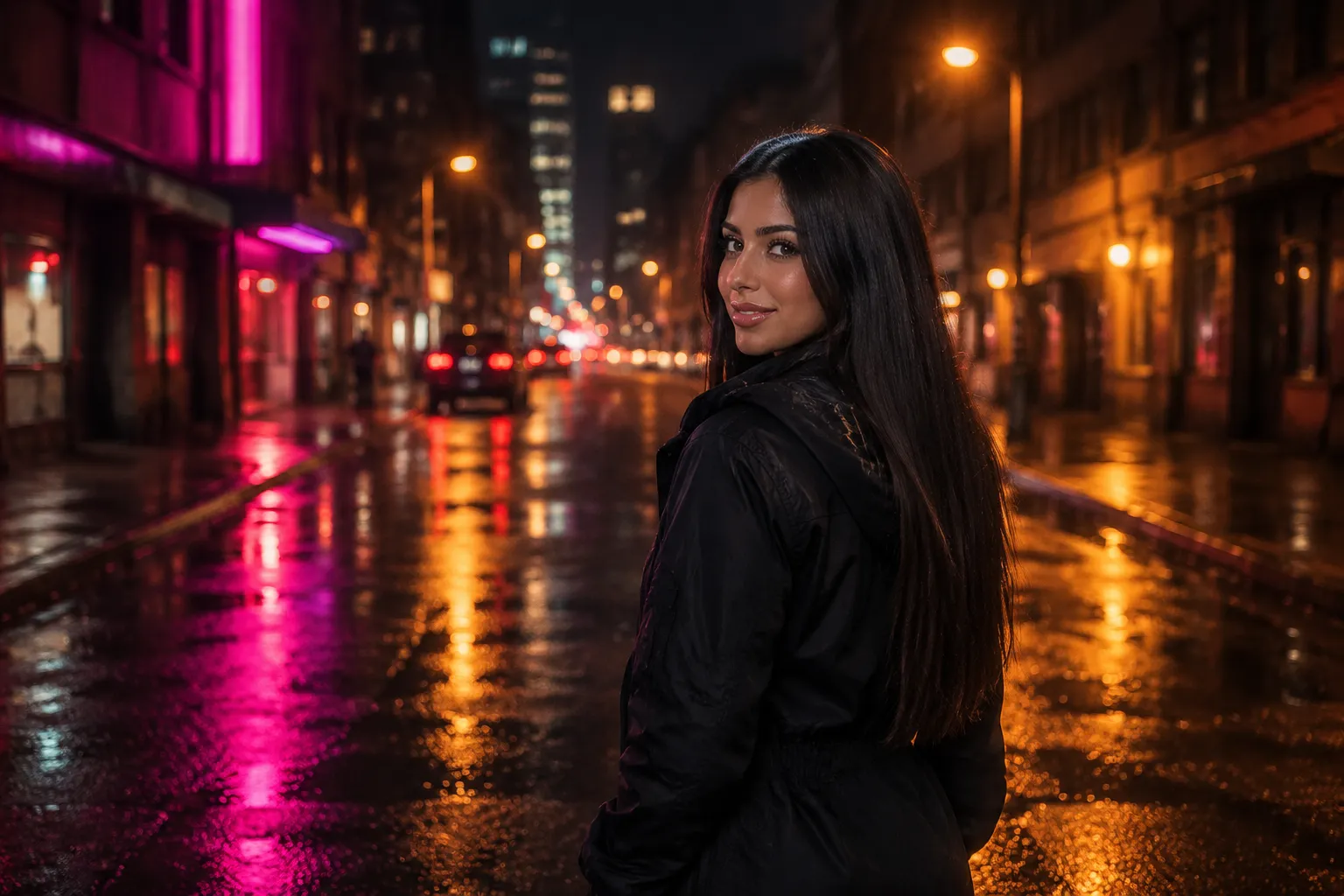 Recherche visuelle cinéma : une femme se retourne dans une rue nocturne