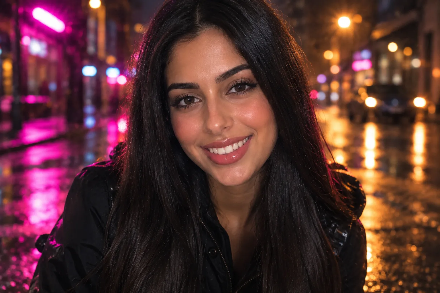 Recherche visuelle : sourire de la femme devant les lumières de la ville