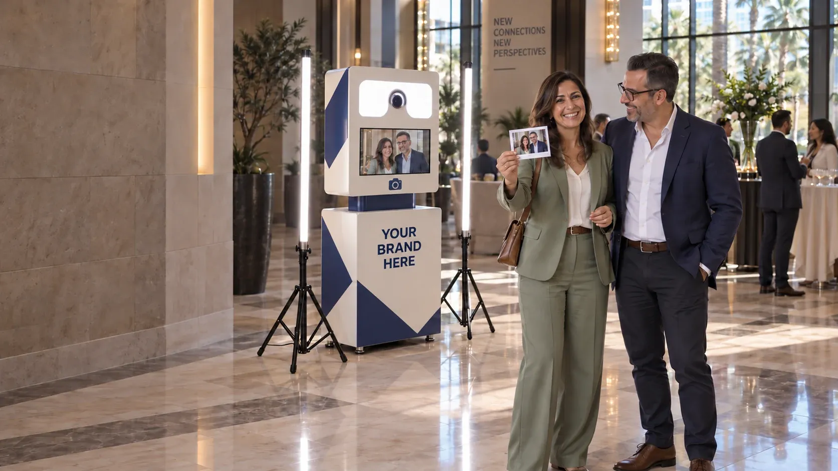 Two guests show their print beside a whole Your brand here photo booth in a hotel foyer